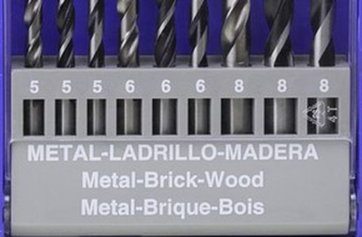 Juego de 9 Brocas Mixto de Madera, Hierro y pared, Medidas 5-6-8, Referencia 1460