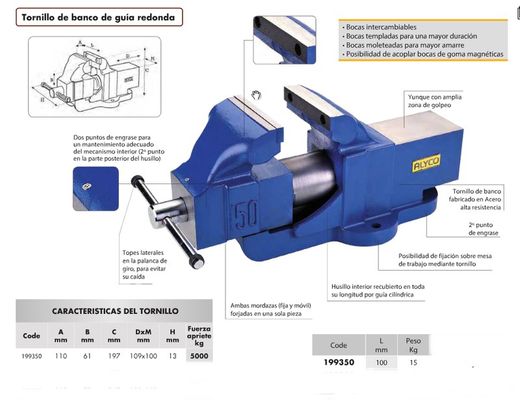 Tornillo De Banco De Guía Redonda De Boca De 100 Milimetros ALYCO, Referencia 199350