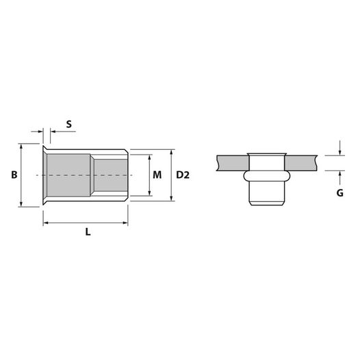 Tuerca Remachable Cabeza Baja Inoxidable A-2