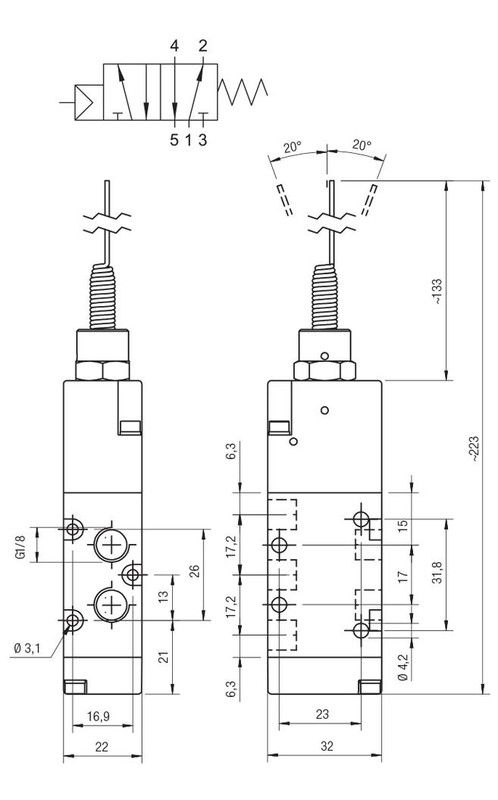 Valvula 1/8, 5/2 Antena Monoestable Retorno Muelle