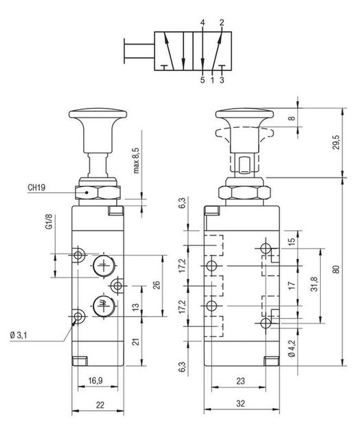 Valvula De Acionamiento Manual, 5/2 Vias Biestable.
