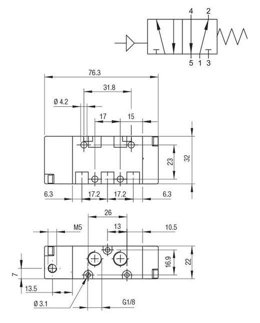 Valvula , 5/2 Vias Monoestable Retorno Muelle 1 Pilot.